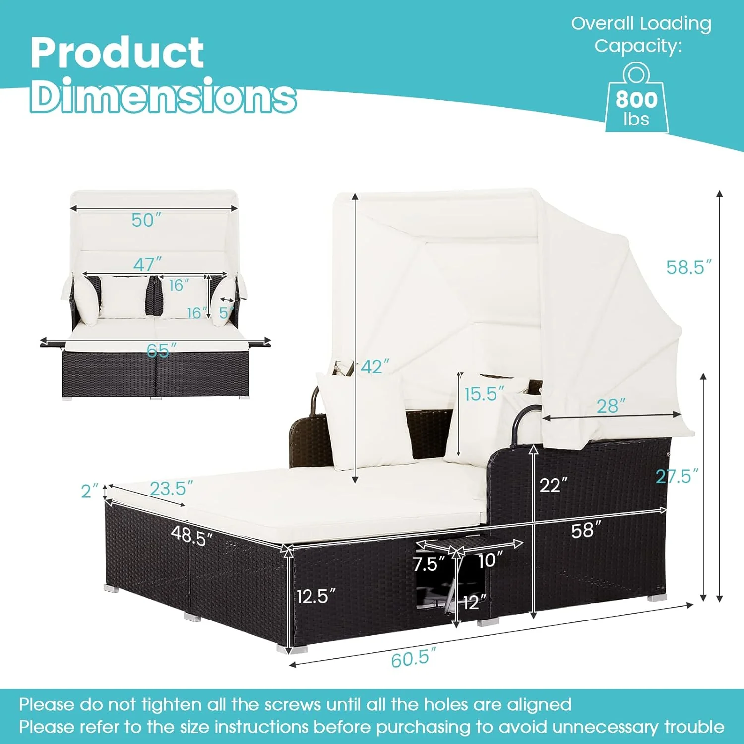 RELAX4LIFE Patio Outdoor Daybed with Canopy, Wicker Sunbed w/Cushions, 4 Pillows & 2 Retractable Side Trays, 2-Person Lounge Bed Conversation for Poolside Porch Garden, Rattan Outdoor Bed (Turquoise)