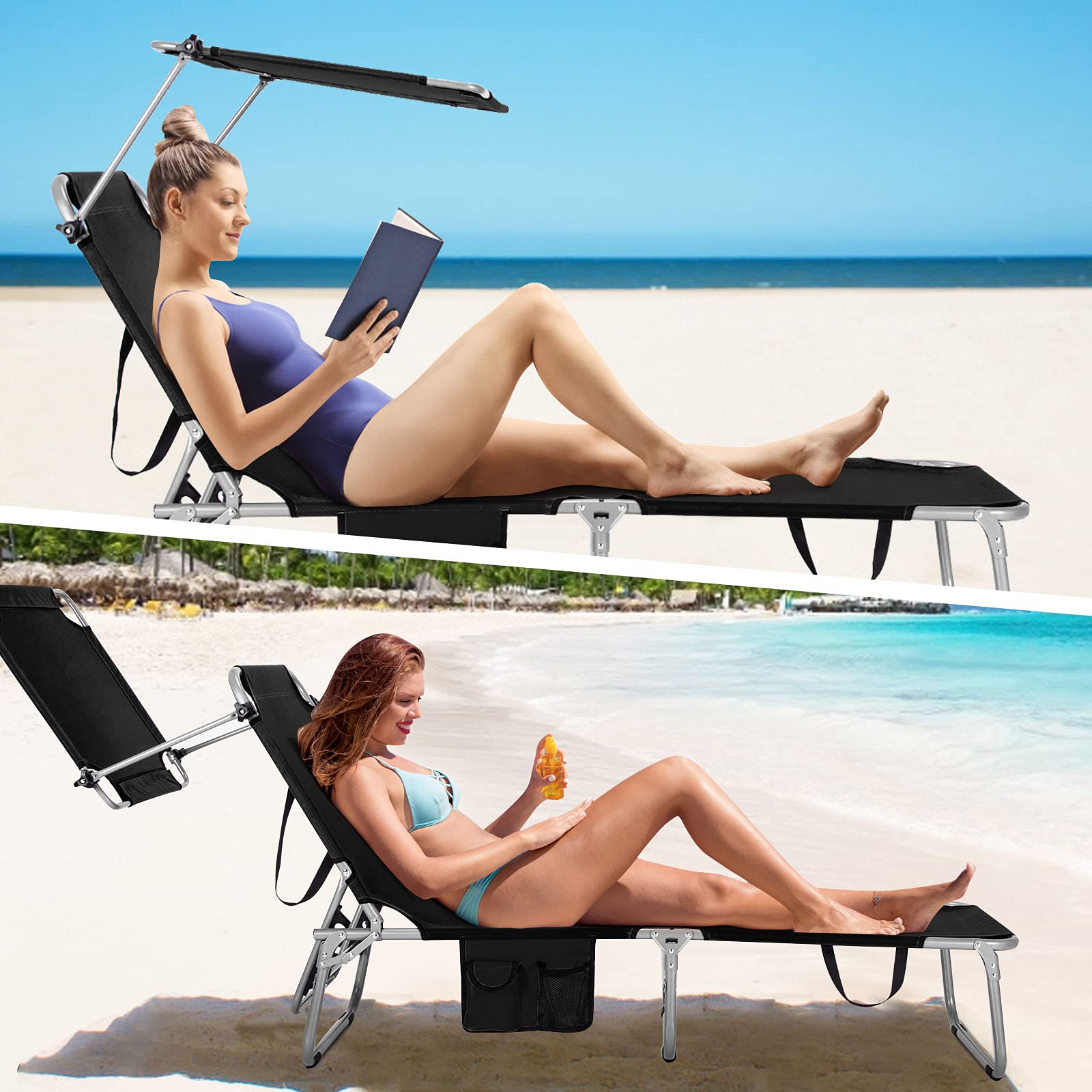 Folding Lounge Chair w/Shade Canopy and Storage Pocket