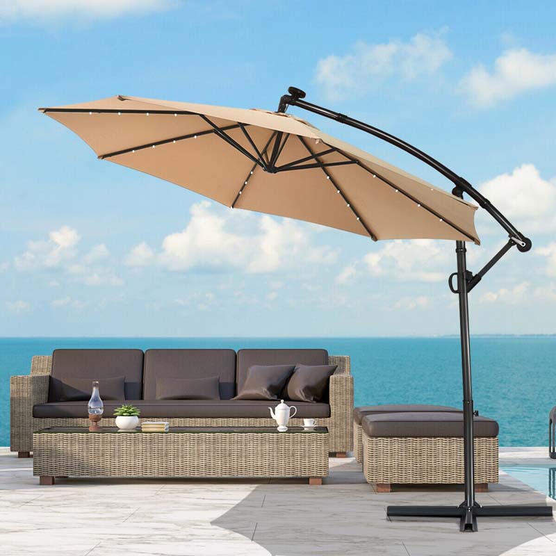 10 FT Patio Offset Umbrella with Solar Lights 360�� Rotation Outdoor Market Umbrella with Crank Handle & Cross Base