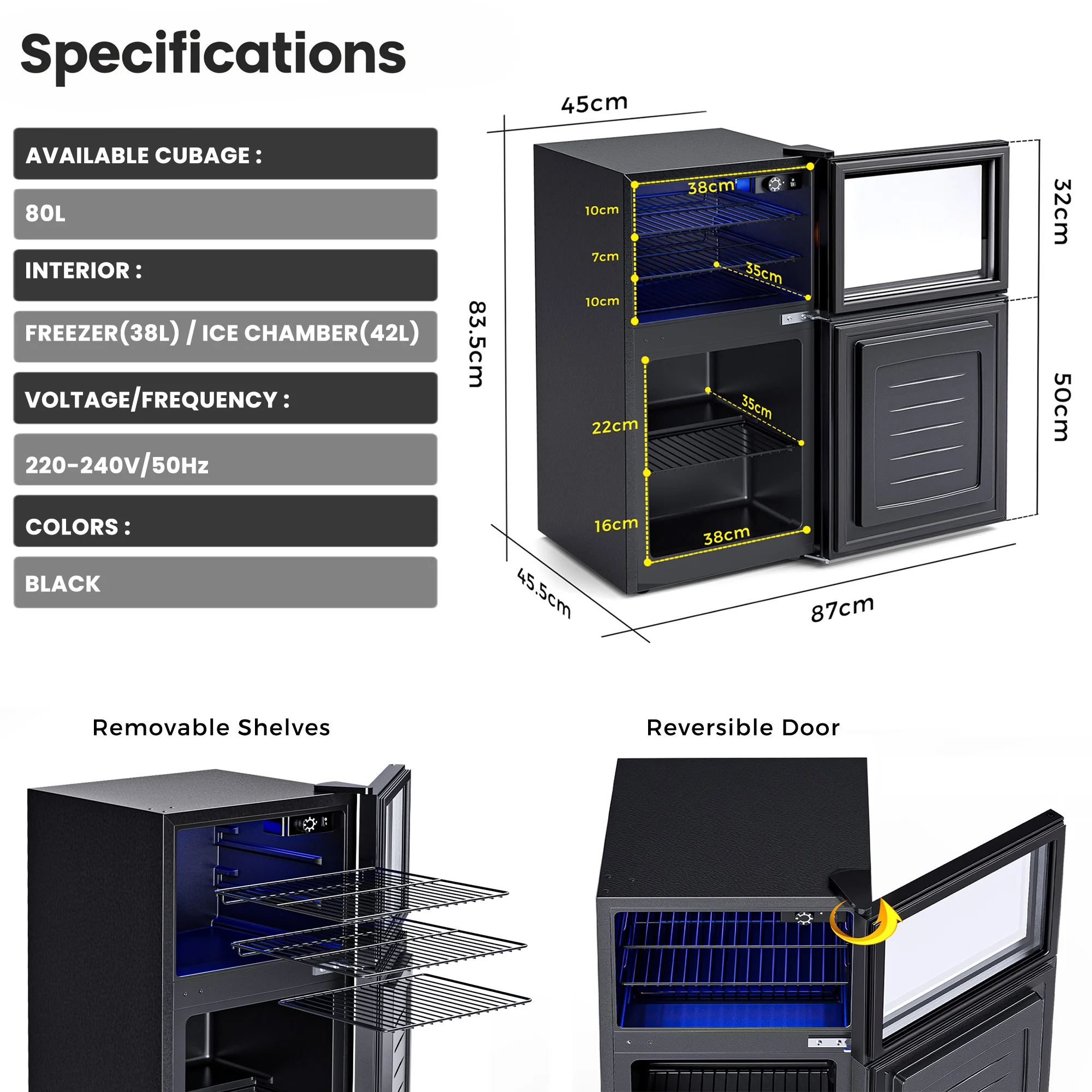 80L 2-Door Mini Fridge with Freezer