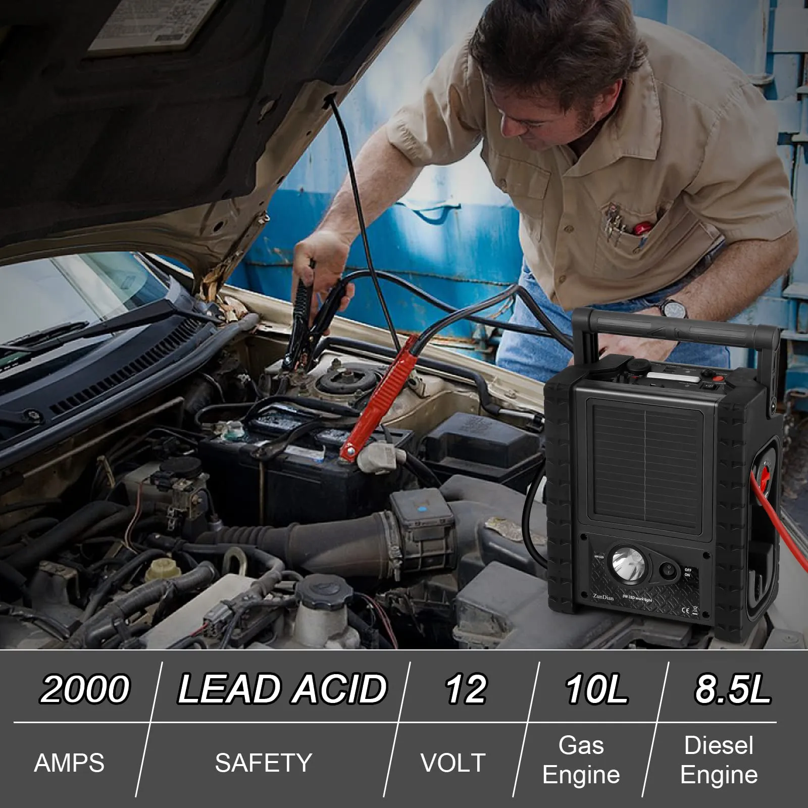 ZD-529 Solar Portable Power Station 2000 Amps Jump Starter, 260 PSI Air Compressor, 12V Car Battery Charger with 400W Inverter Dual AC/DC/USB Output, Emergency Backup Power with Flashlights