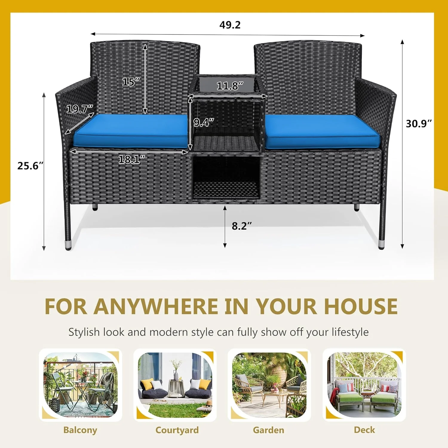 Outdoor Furniture Patio Loveseat Wicker 2-Seat with Built-in Table and Cushions Rattan Porch Chairs Bench for Balcony, Lawn, Backyard (Beige)