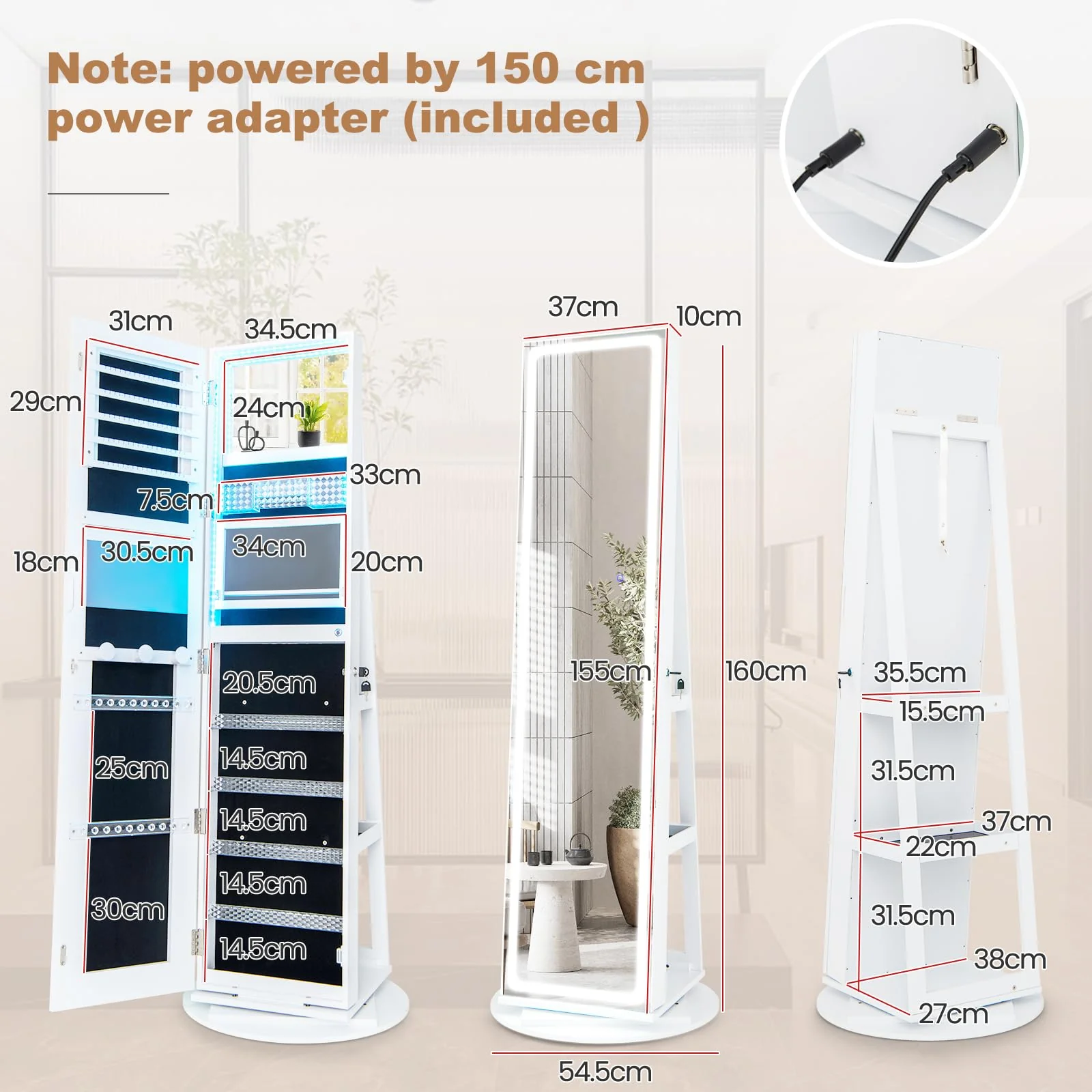 Giantex 160 cm Standing Jewelry Cabinet w/Adjustable LED Lights, 360�� Swivel Lockable Jewelry Armoire Organizer w/Full-Length Mirror