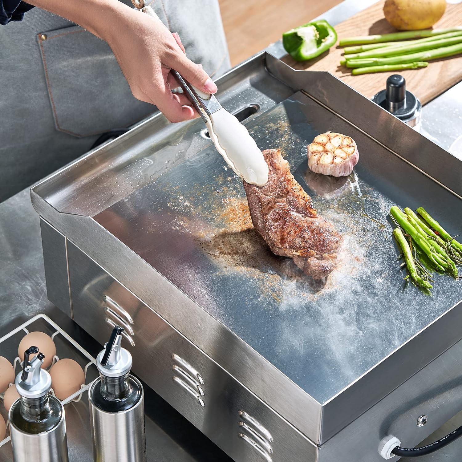 14 Inch Electric Griddle, Non-Stick Flat Top Grill Commercial Electric Countertop Griddles Stainless Steel Adjustable Temperature Control 90��F-575��F for Home or Restaurant Use