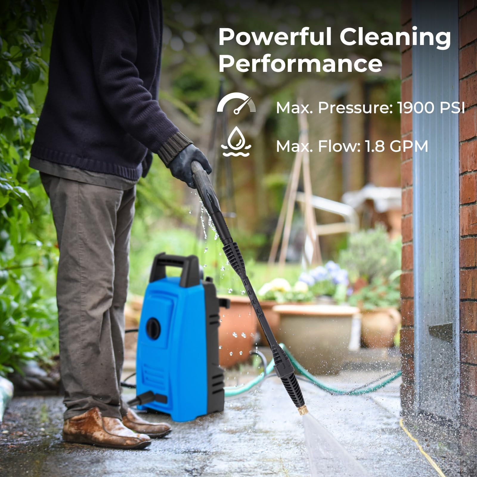 Electric Pressure Washer, 1900 PSI 1.8 GPM High Pressure Power Washer w/ 4 Quick Connect Nozzles