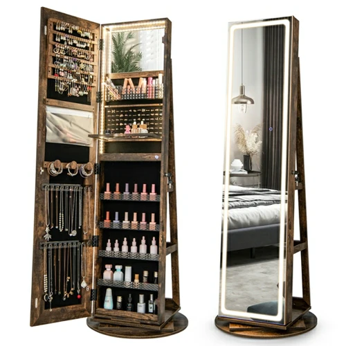 Giantex 160 cm Standing Jewelry Cabinet w/Adjustable LED Lights, 360�� Swivel Lockable Jewelry Armoire Organizer w/Full-Length Mirror