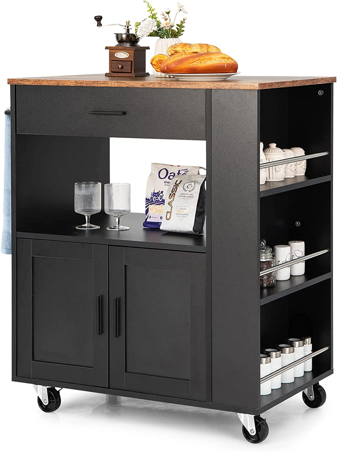 Giantex Kitchen Island Trolley, Rolling Kitchen Serving Trolley w/ 3 Spice Racks, Drawer, Open Shelf & Large Cabinet