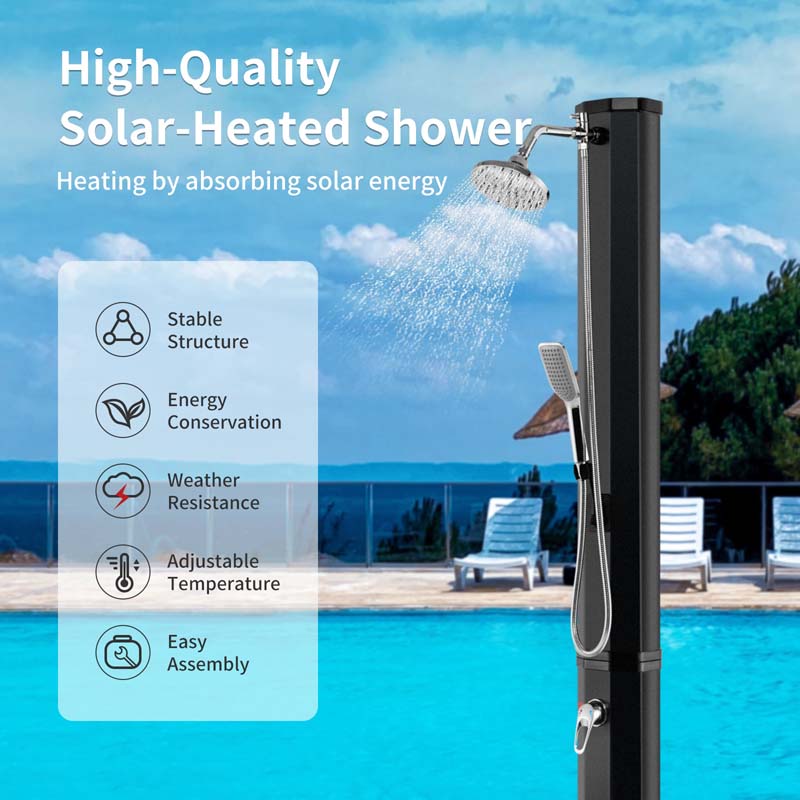 7.2 FT 9.3 Gal Solar Heated Shower with Handheld Shower Head, 2-Section Outdoor Shower for Poolside Beach Spa