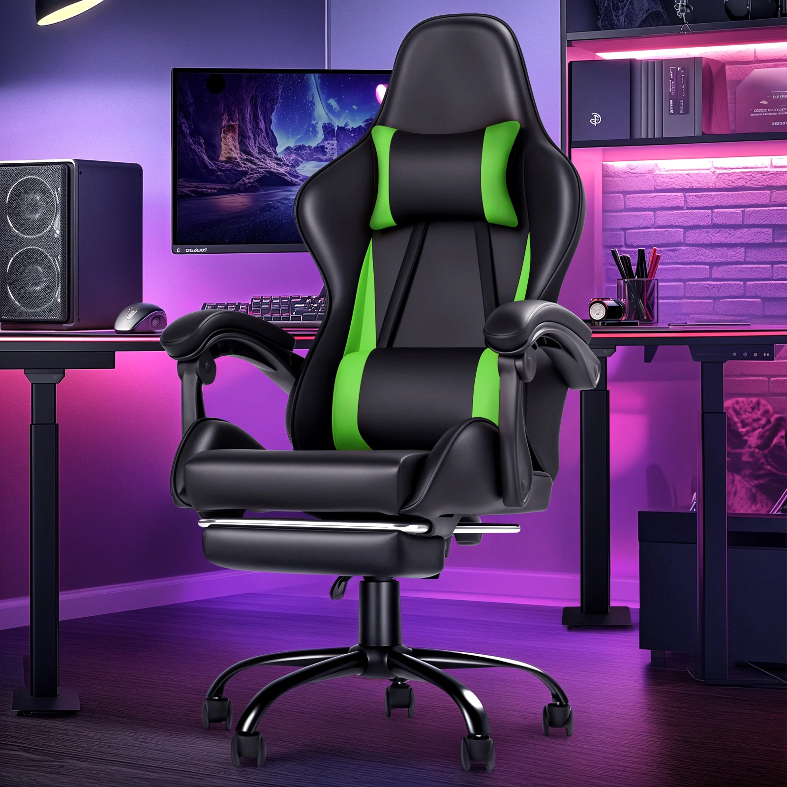 Gaming Chair Massage Lumbar with Footrest Green