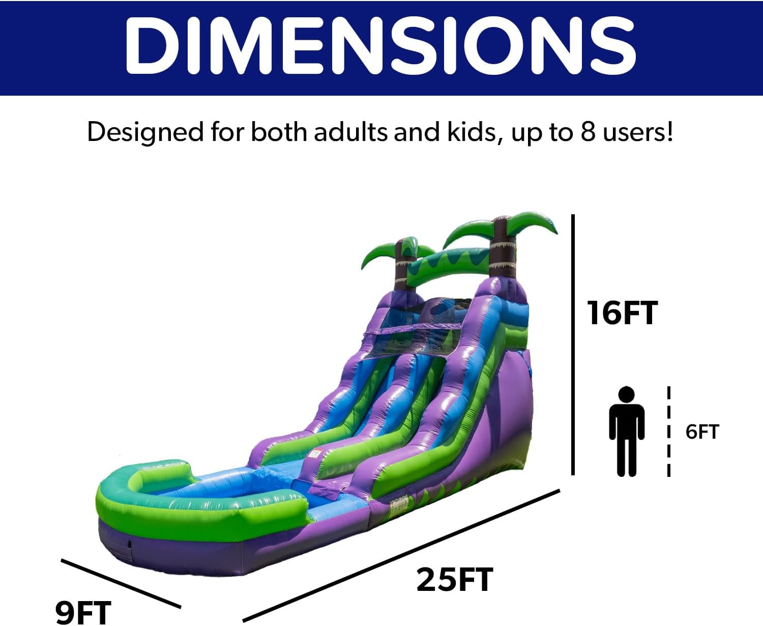 HeroKiddo 16 Purple Tropical Lightweight Premium Commercial Grade Water Slide Inflatable with Attached Pool for Kids and Adults (with Blower), Wet Dry Use, Summer Fun