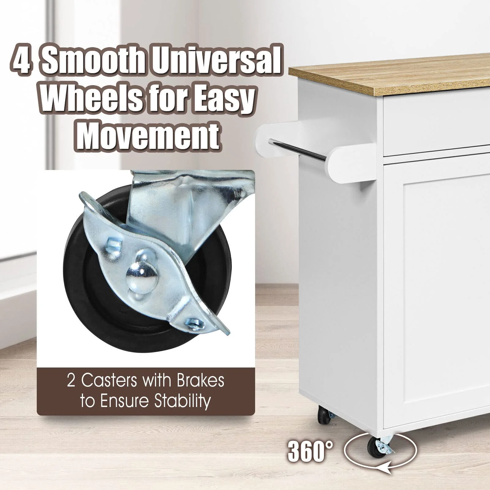 Giantex Wooden Rolling Kitchen Island, Storage Cart Trolley w/ Adjustable Shelf, Spice Storage Sgelf, Towel Rack & Drawer