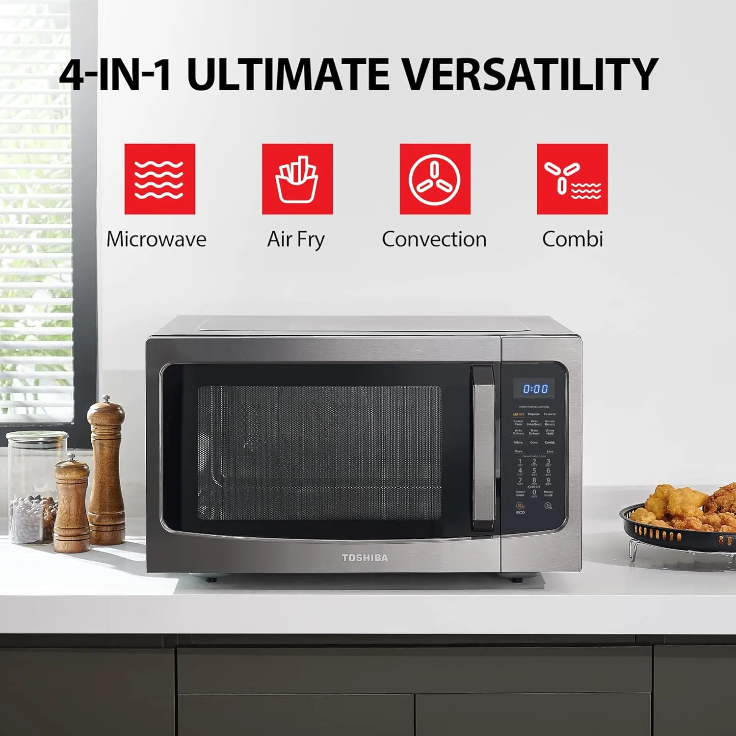 TOSHIBA 4-in-1 ML-EC42P(SS) Countertop Microwave Oven, Smart Sensor, Convection, Air Fryer Combo, Mute Function, Position Memory 13.6
