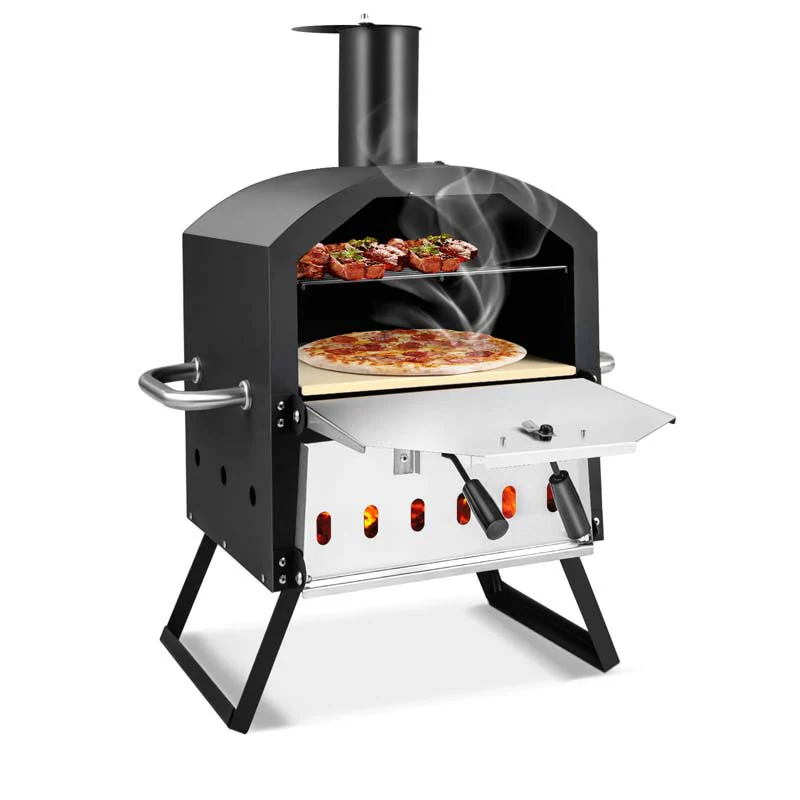 2-Layer Outdoor Pizza Oven Wood Fired for Camping BBQ, Stainless Steel Portable Grill Pizza Maker with Folding Legs