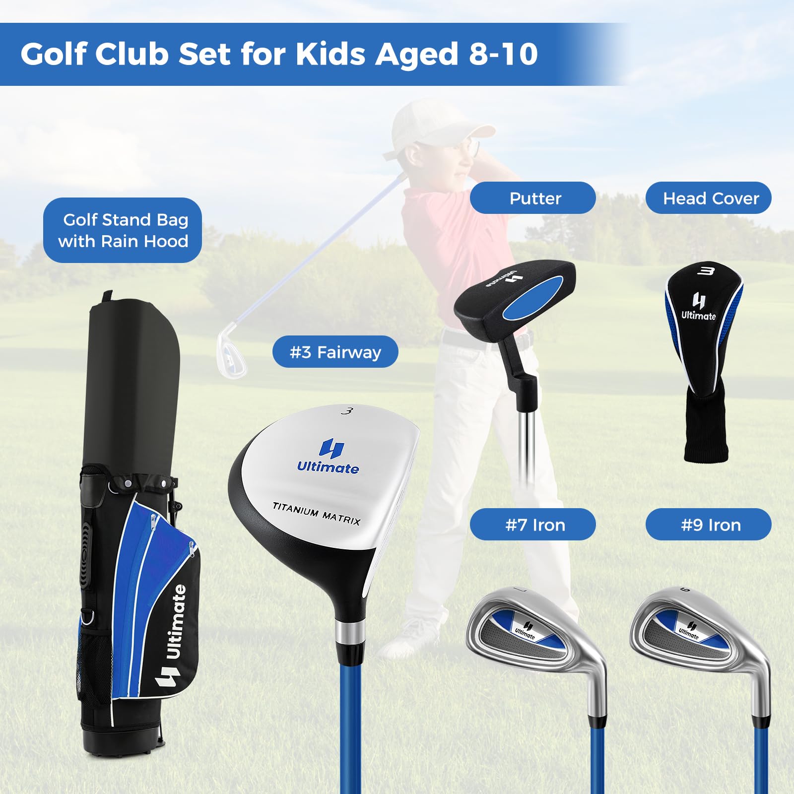 Junior Complete Golf Clubs Set for Kids, Right Hand Golf Clubs w/Stand Bag, Aged 8-10