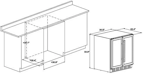 24 inch Wine Cooler, 46 Bottle - Dual Zone Built-in or Freestanding Fridge with Stainless Steel Reversible Glass Door, for Home, Kitchen, or Office.