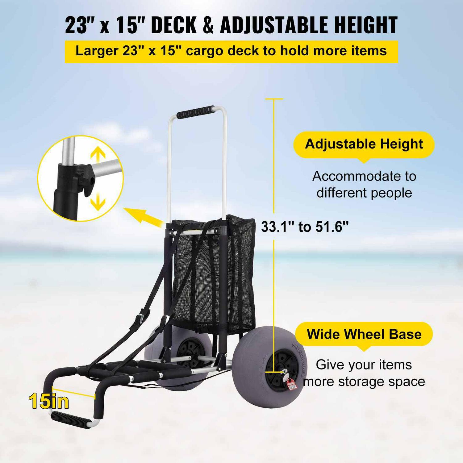 BENTISM Beach Cart for Sand, 165 lbs Capacity, Foldable, Adjustable Handle, 13��� Balloon Wheels, Black