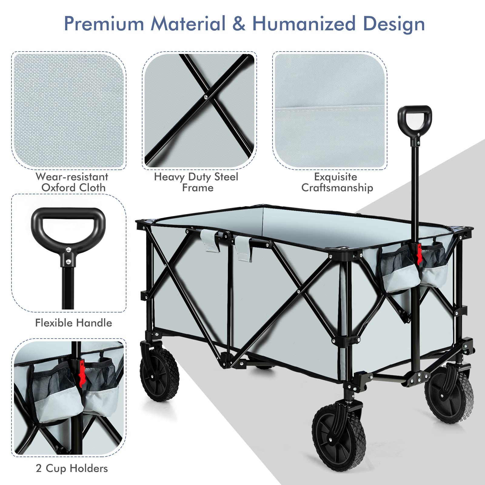 Collapsible Wagon, Folding Utility Wagon Cart w/Universal Wheels & Adjustable Handle & Cover Bag