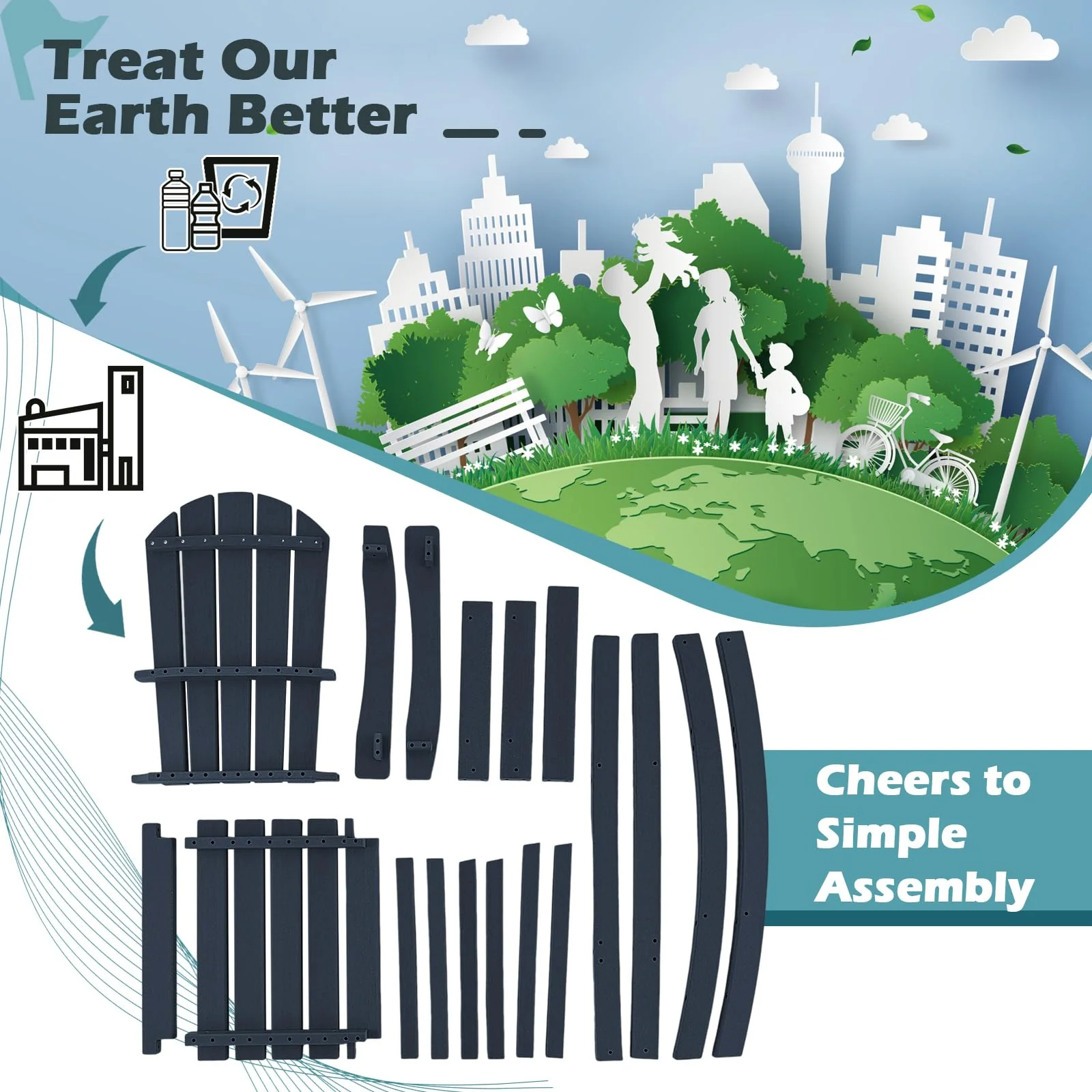 Outdoor HDPE Tall Adirondack Chairs with Armrests & Footrest, 30