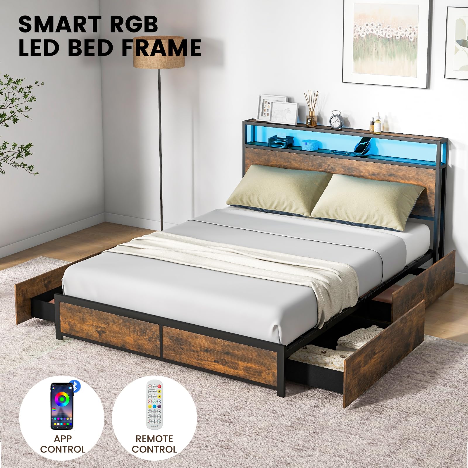 Giantex Queen Bed Frame with Smart LED Lights, Metal Platform Bed with Storage Headboard