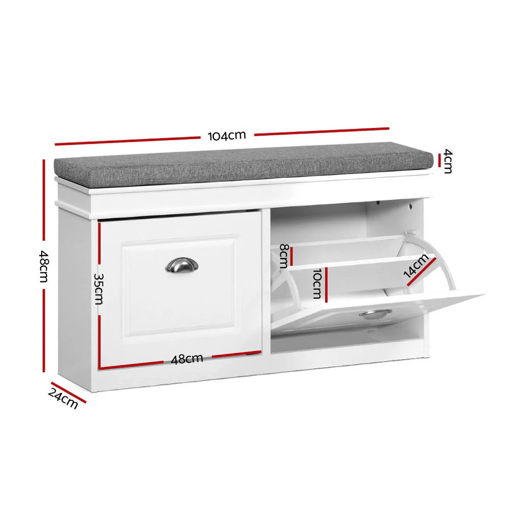 White Adjustable Shoe Rack Cabinet Bench, 12 Pairs - Artiss