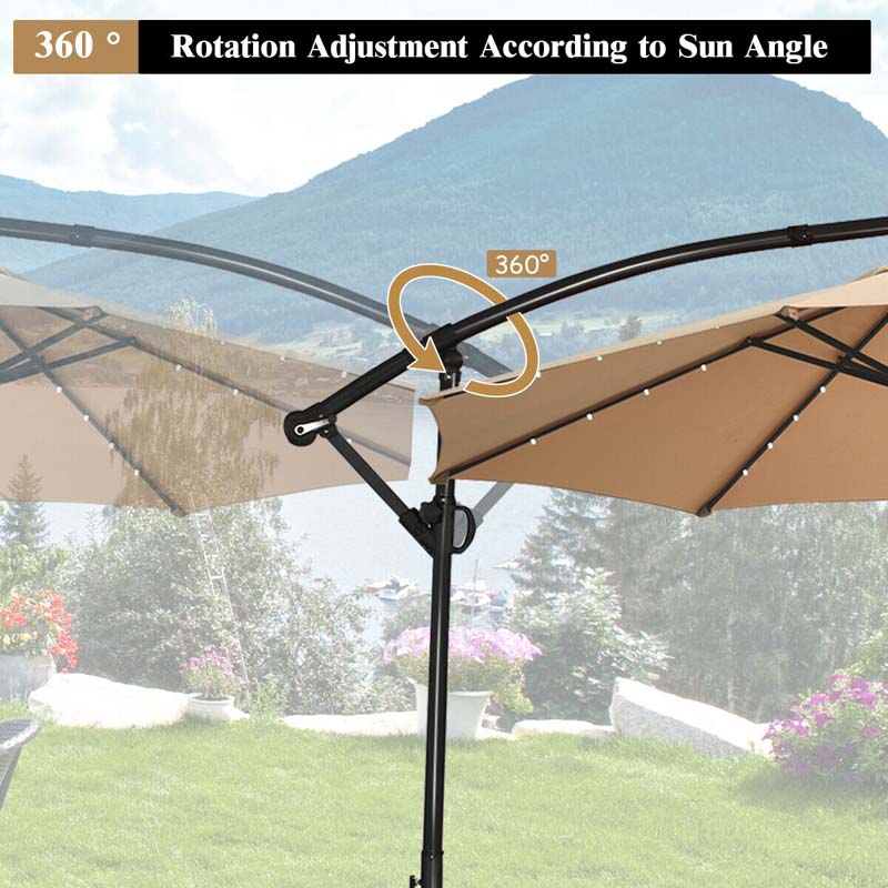 10 FT Patio Offset Umbrella with Solar Lights 360�� Rotation Outdoor Market Umbrella with Crank Handle & Cross Base