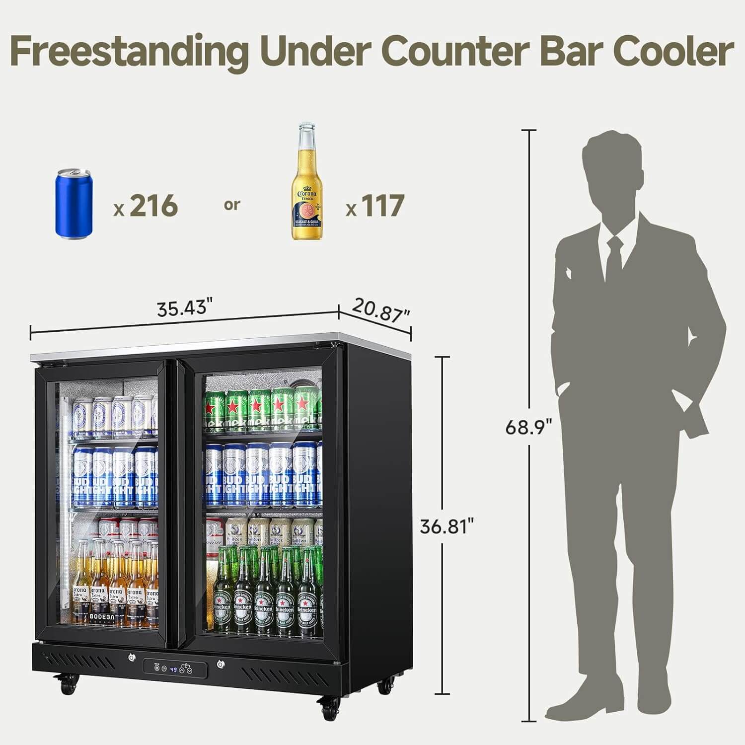 7.7 Cu.ft Commercial Counter Height Beverage Refrigerator with 2 doors and wheels