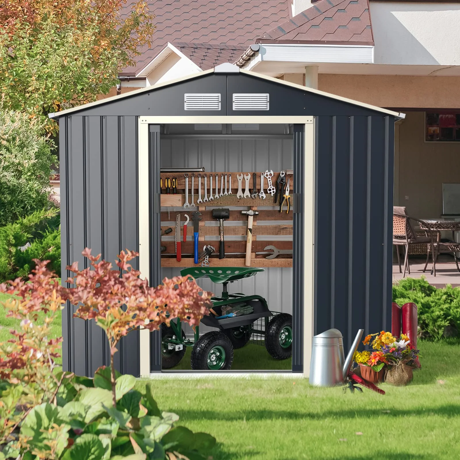 Storage Shed, Metal Outdoor Building Organizer