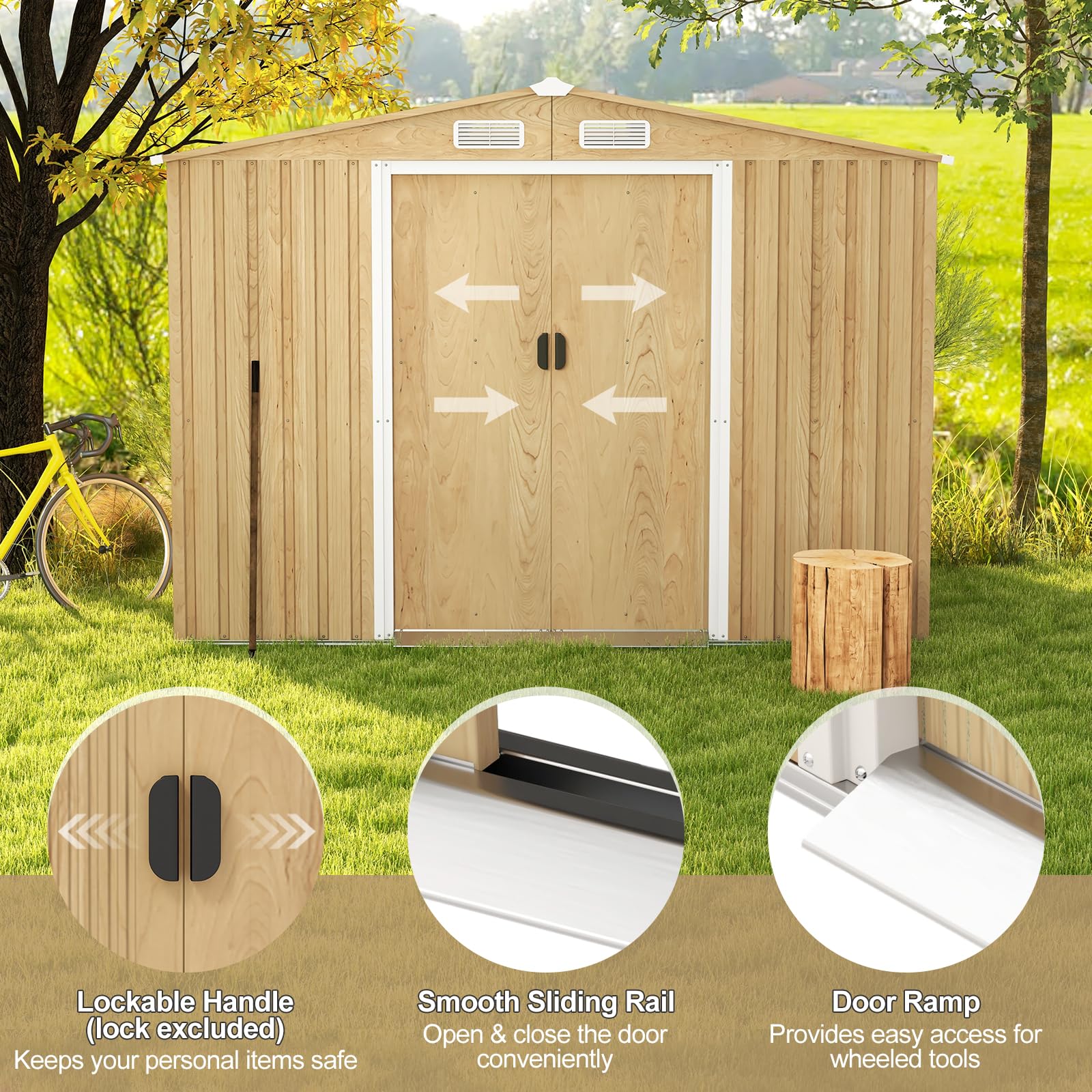 8' x 6' Woodgrain Outdoor Storage Shed, Galvanized Metal Tool House Organizer w/Base Floor, 4 Vents