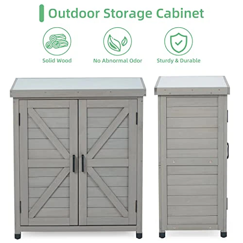 Potting Bench with Storage Cabinet and Metal Table Top for Outdoor Patio, Garden Furniture Wood Workstation