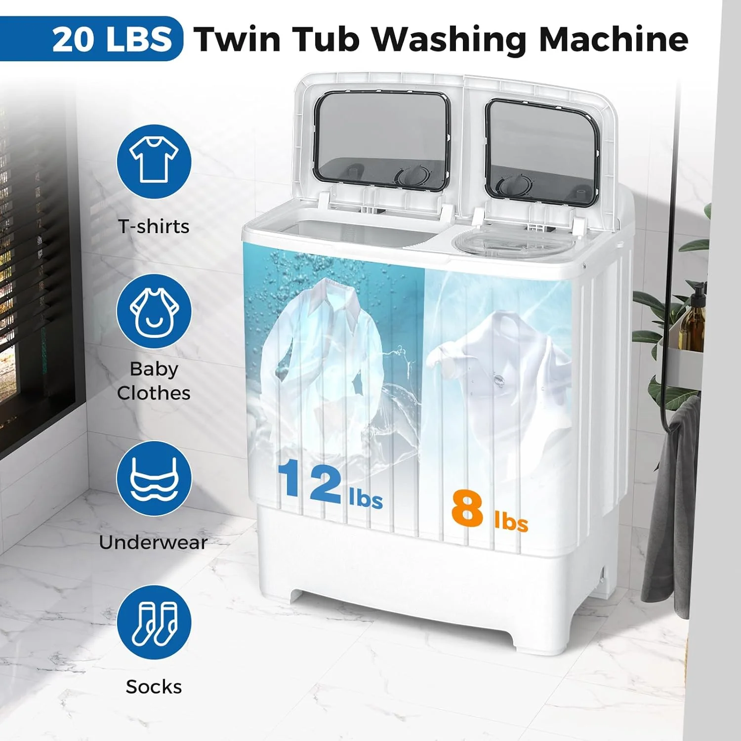 Portable Washing Machine, Twin Tub 20 Lbs Capacity, Washer(12 Lbs) and Spinner(8 Lbs), Durable Design, Timer Control, Compact Laundry Washer for RV, Apartments and Dorms, Grey+White