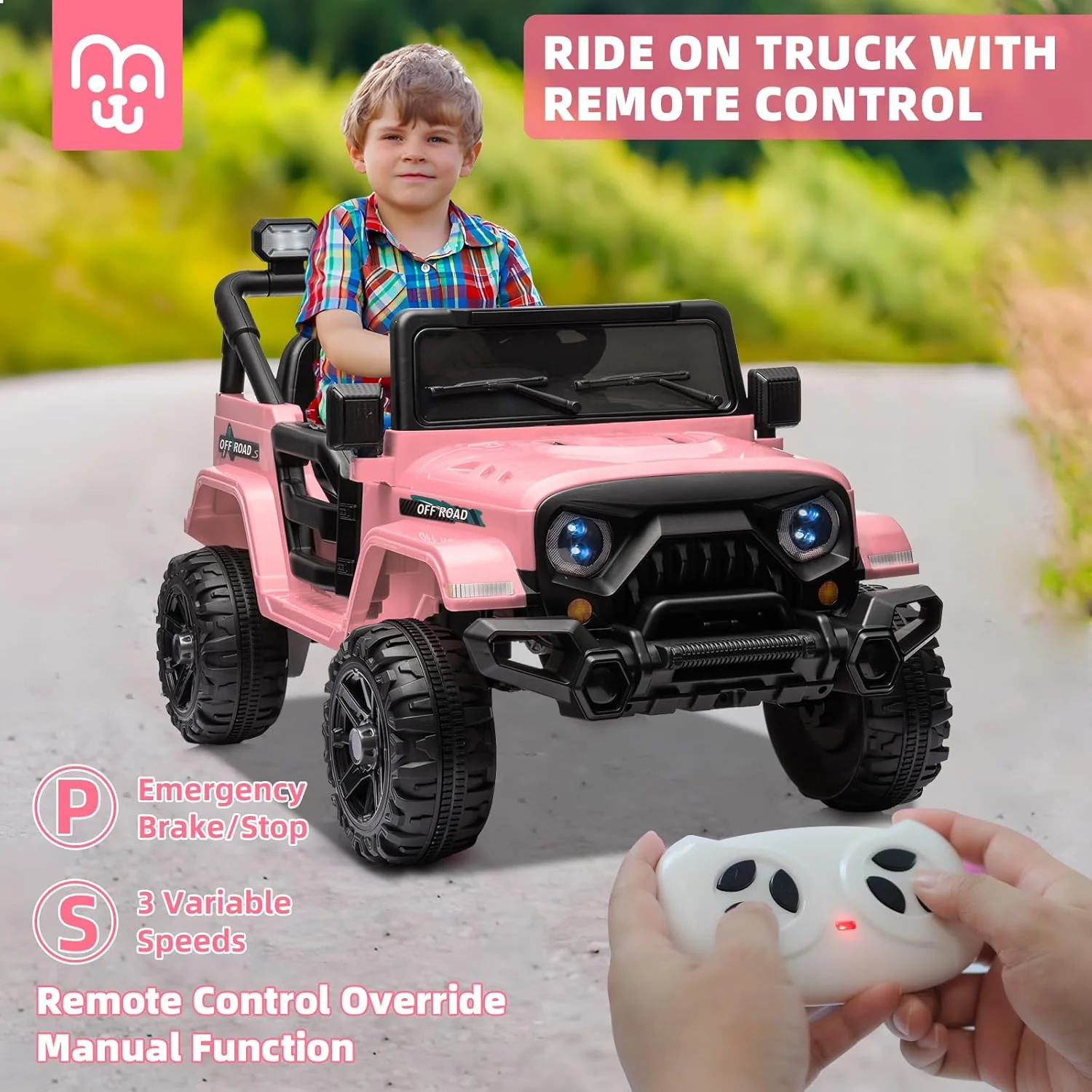 12V Kids Electric Ride on Truck Car Remote Control, Twin 35W Motors 3.5MPH Max Speed, Bluetooth USB Music Player, 4 Wheels Suspension LED Lights Safety Belt, Gift for Boy & Girl-Rosy