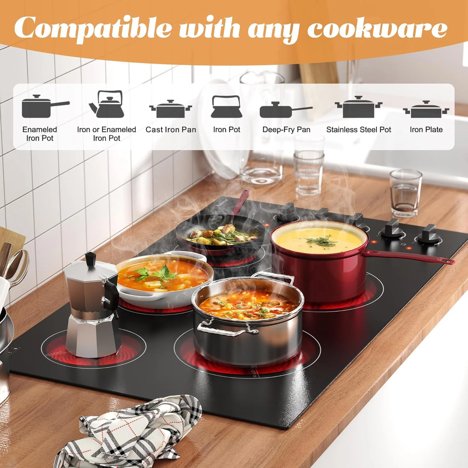 Karinear 30 Inch Electric Cooktop 4 Burners, Knob Control Built-in Ceramic Cooktop, 30