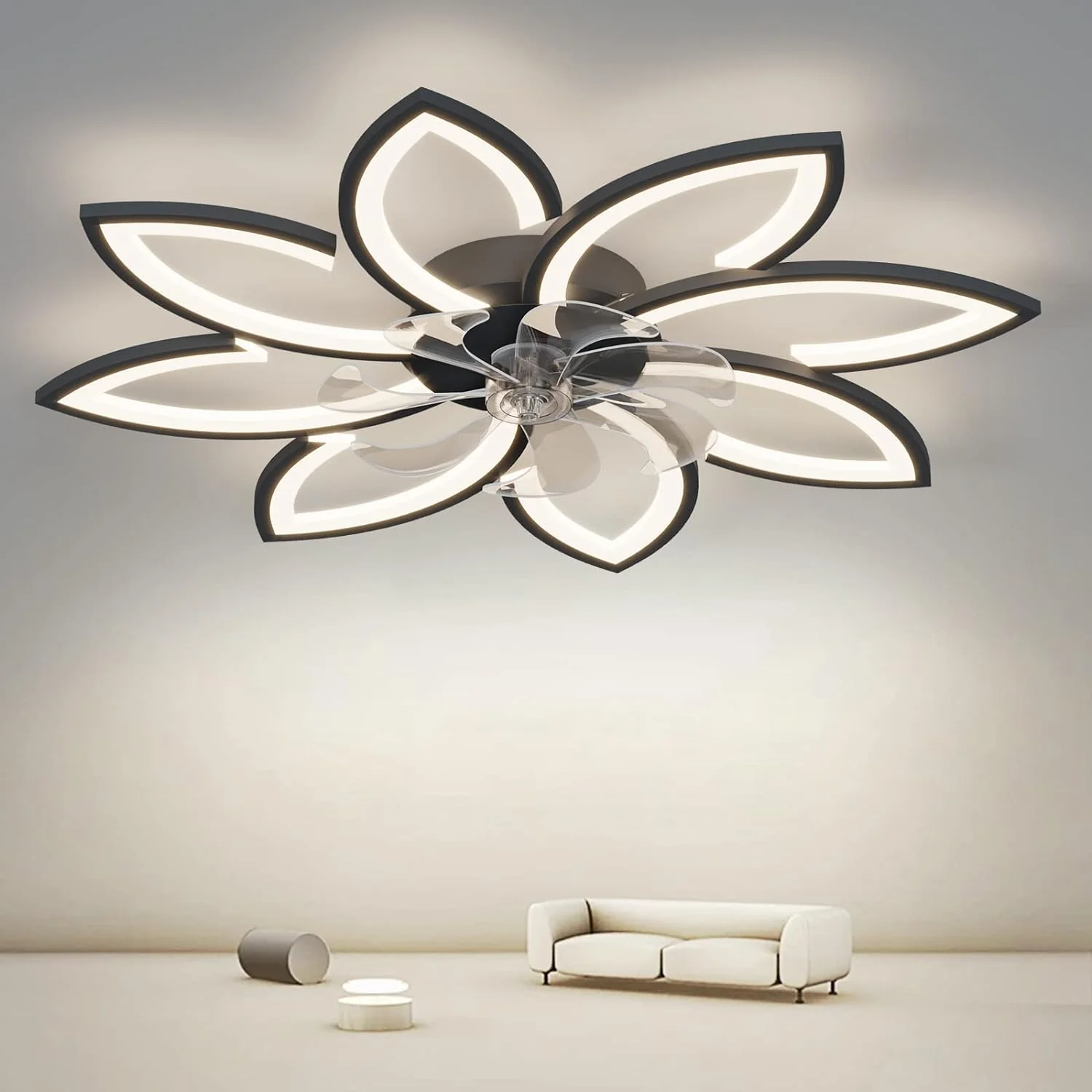 Modern Ceiling Light Fan, Low Profile, 6 Wind Speed, 3 Color 90cm, Black