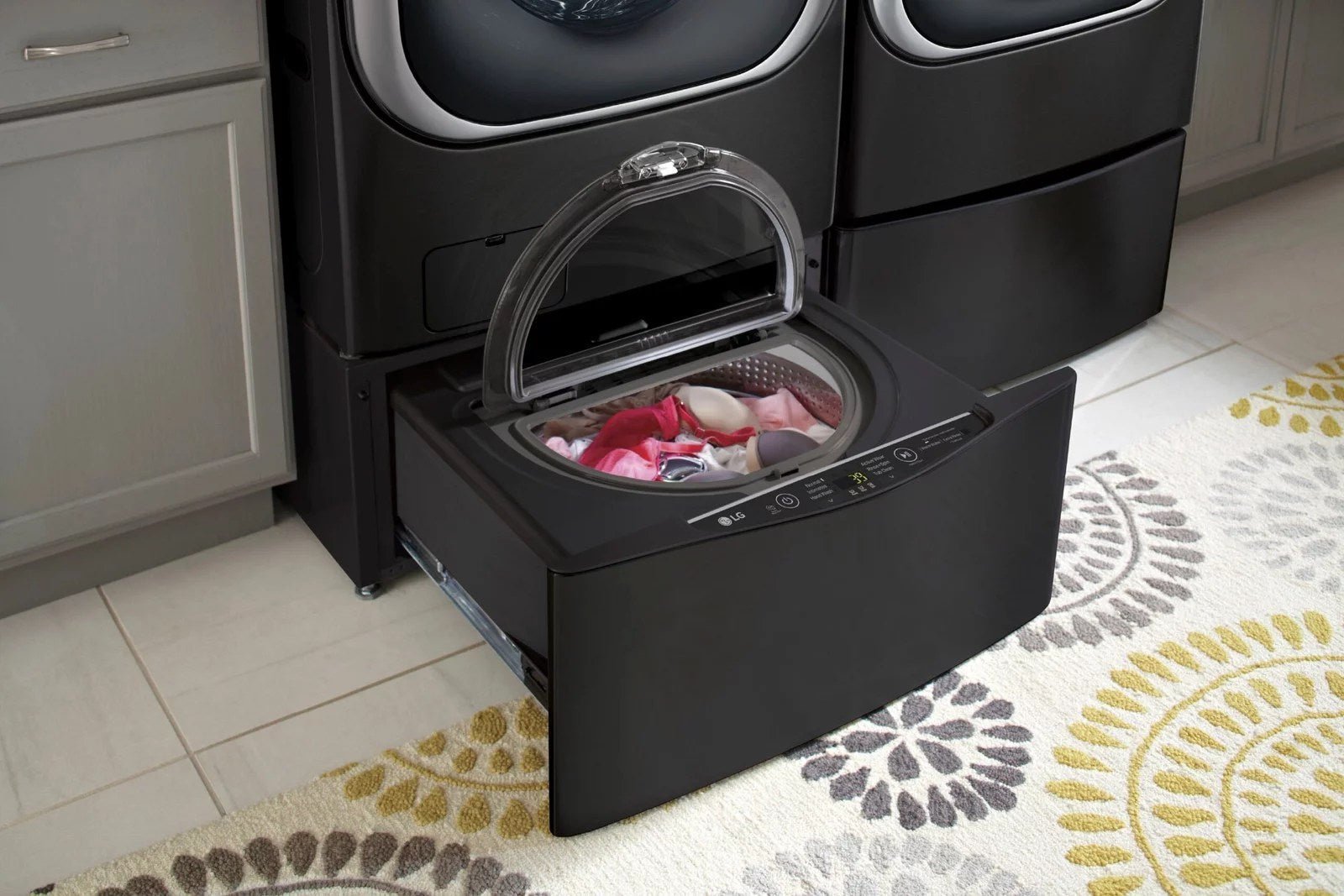 LG �C SideKick 1.0 Cu. Ft. High-Efficiency Smart Top Load Pedestal Washer with 3-Motion Technology �C Black steel