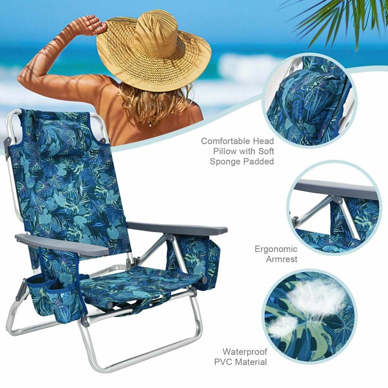 2-Pack Folding Beach Chair, Backpack Lawn Chairs, Sling Camping Chair, Patio Reclining Chairs with 5 Adjustable Position, Head Pillow