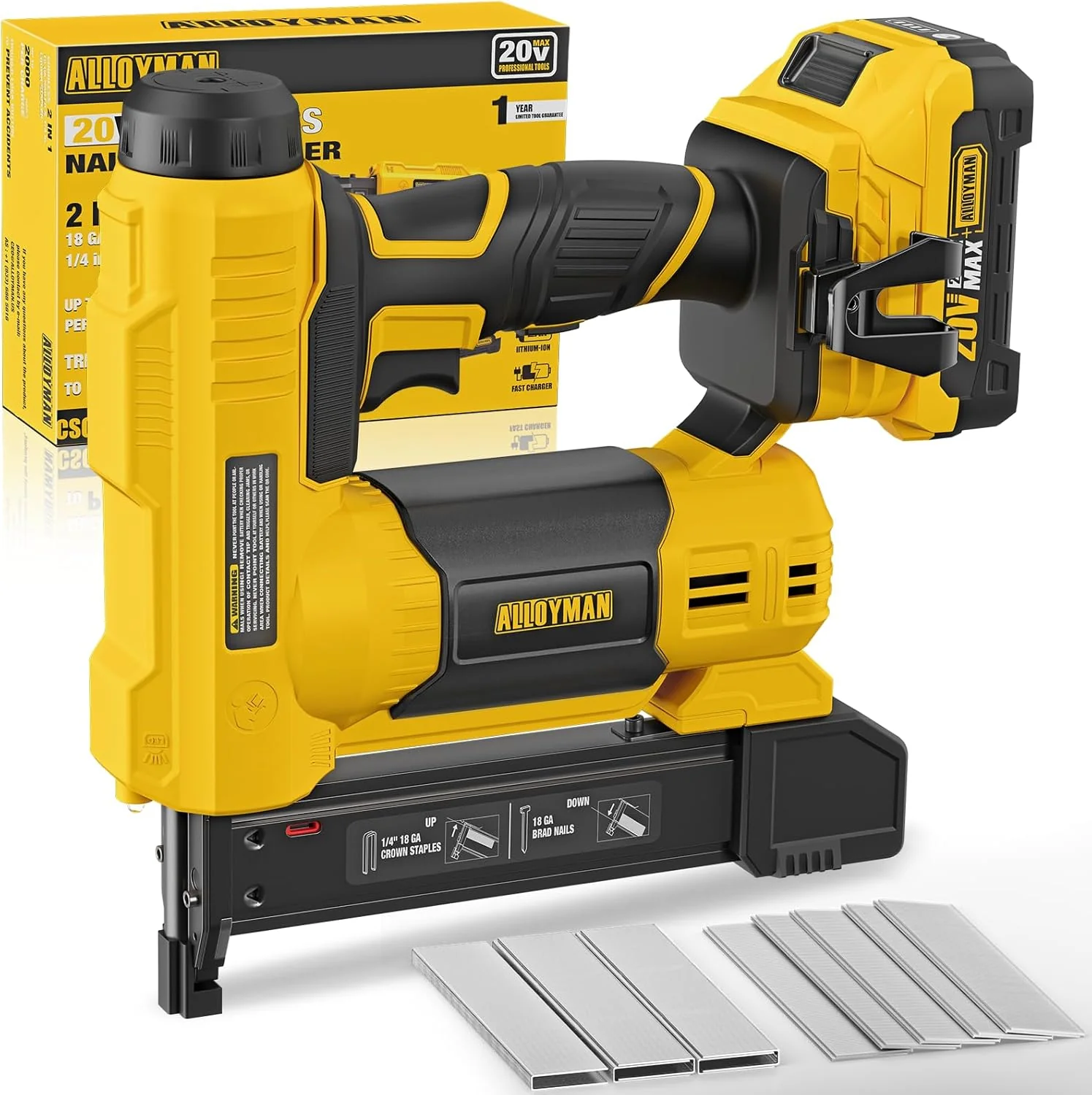 Alloyman 18 Gauge Nail Gun Battery Powered, 2 in 1 Cordless Brad Nailer/Electric Stapler with 2.0Ah Battery and Charger,1000pcs Nails and 500pcs Staples Included for Home Improvement & Woodworking