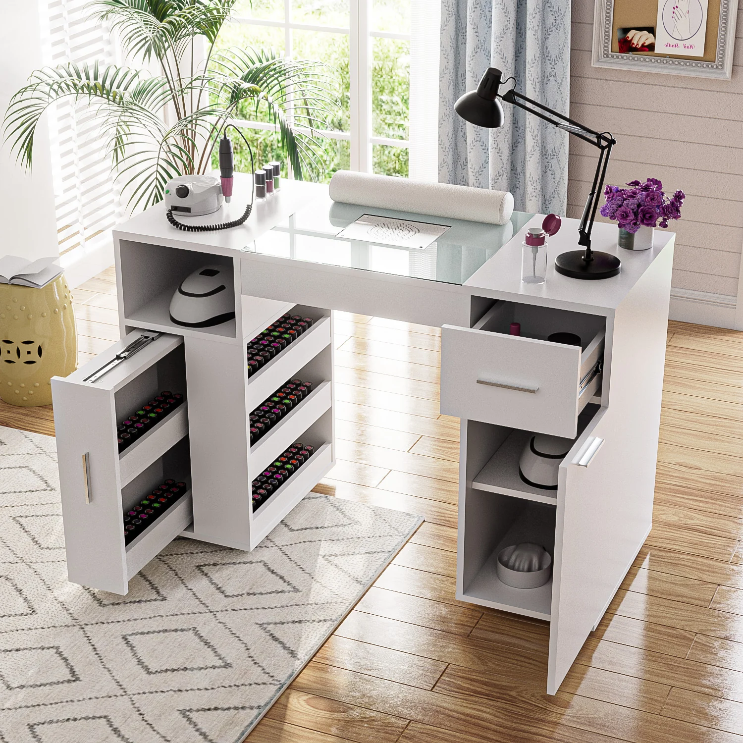 Manicure Table with Glass Top White