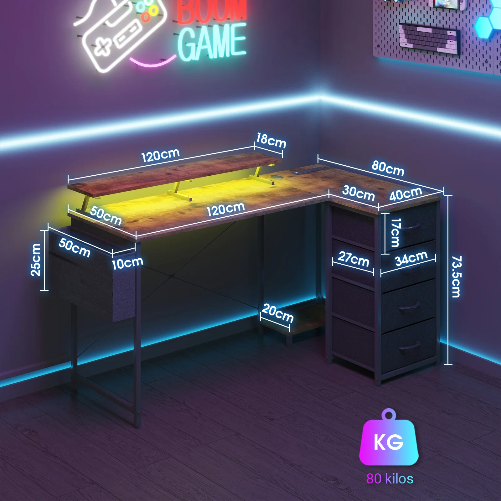 L Shaped Gaming Desk with LED Lights
