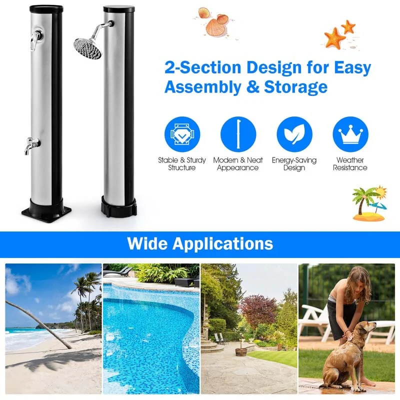 7.2 FT 10 Gallon Solar-Heated Outdoor Shower, 360�� Swivel Shower Head Freestanding Shower for Poolside Beach