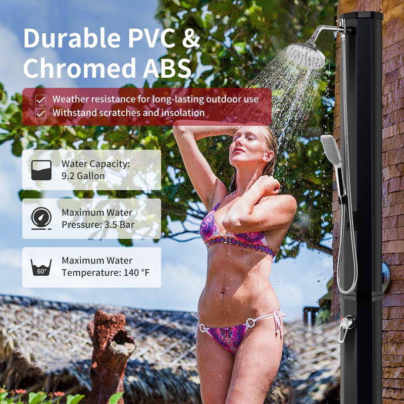 7.2 FT 9.3 Gal Solar Heated Shower with Handheld Shower Head, 2-Section Outdoor Shower for Poolside Beach Spa