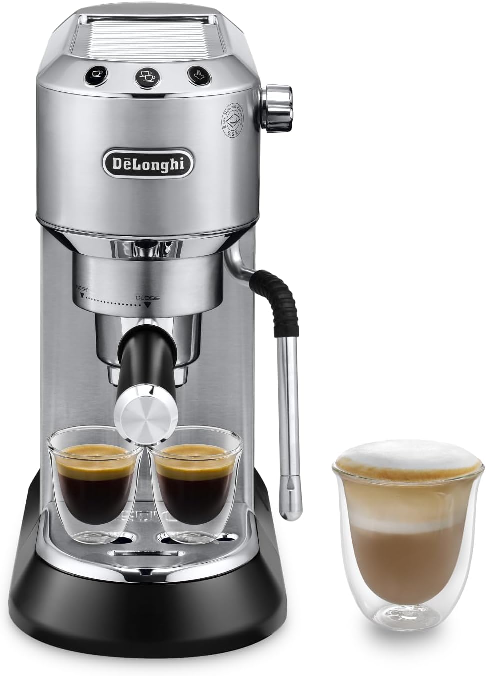 De'Longhi Dedica Arte, Traditional Barista Pump Espresso Machine, Manual Coffee Machine, Compact Design 15 cm wide, Fits Coffee Mug, Metal, EC885.M