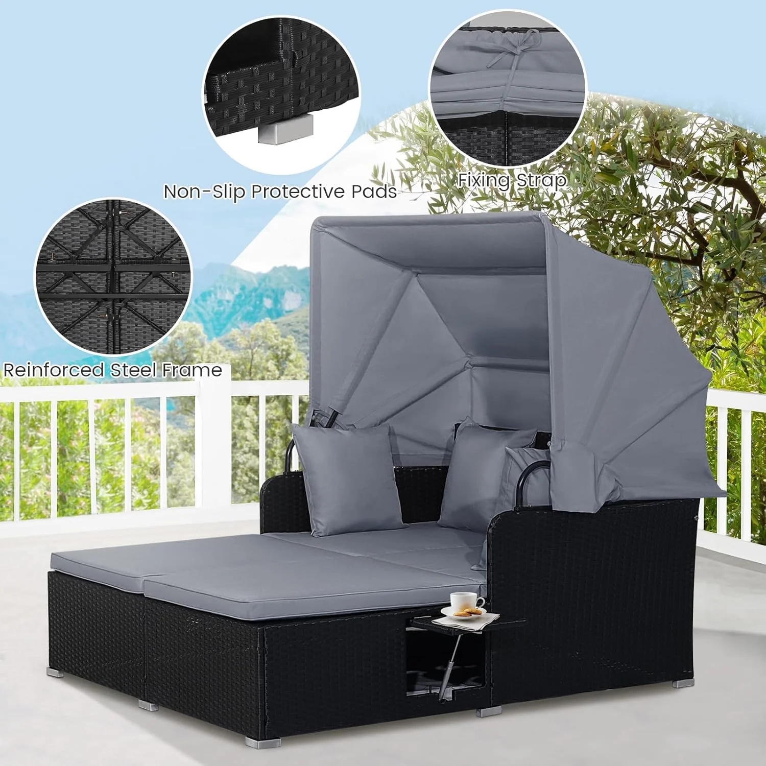 RELAX4LIFE Patio Outdoor Daybed with Canopy, Wicker Sunbed w/Cushions, 4 Pillows & 2 Retractable Side Trays, 2-Person Lounge Bed Conversation for Poolside Porch Garden, Rattan Outdoor Bed (Turquoise)