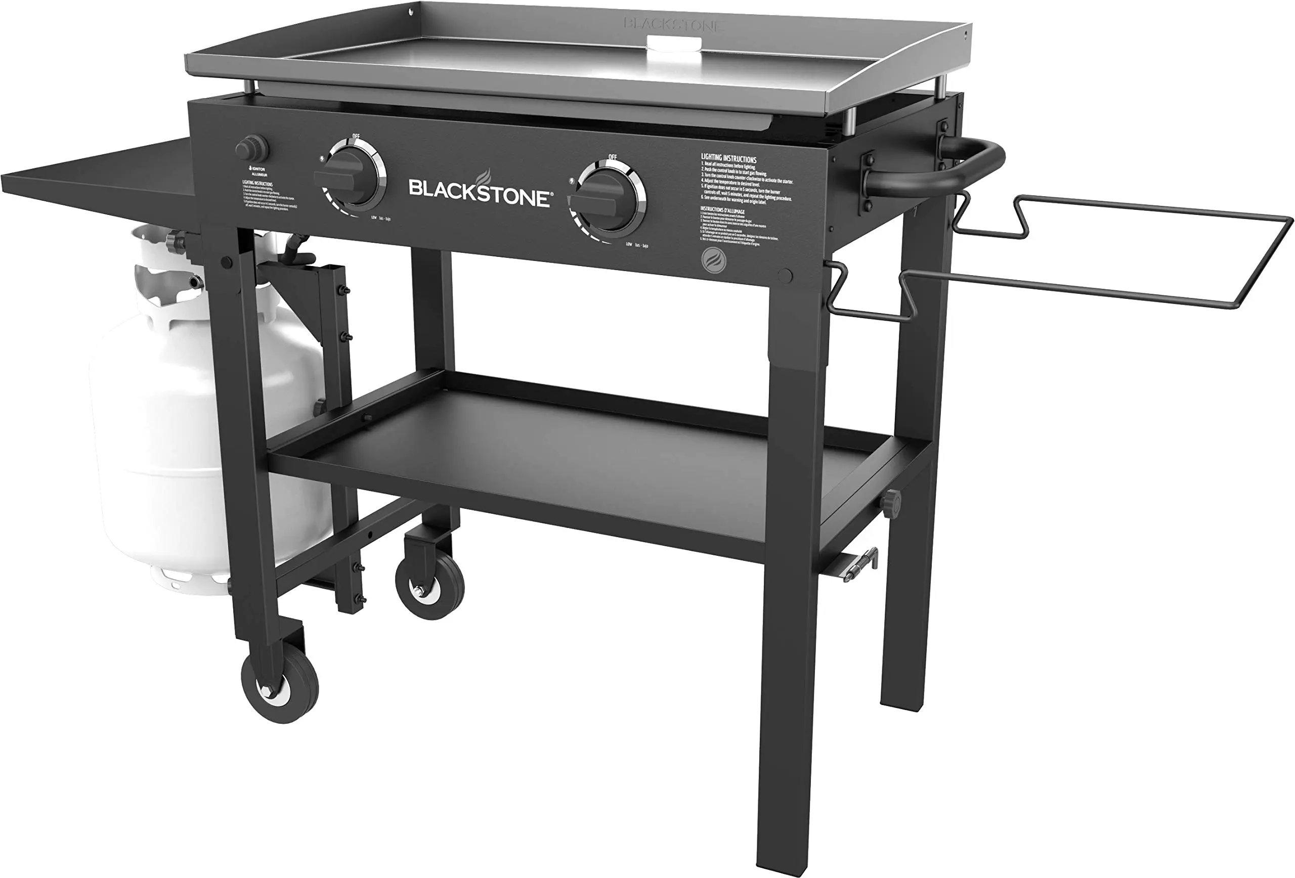 Blackstone 1853 Flat Top Gas Grill 2 Burner Propane Fuelled Rear Grease Management System 28�� Outdoor Griddle Station for Camping with Built in Cutting Board and Garbage Holder, 28 Inch, Black