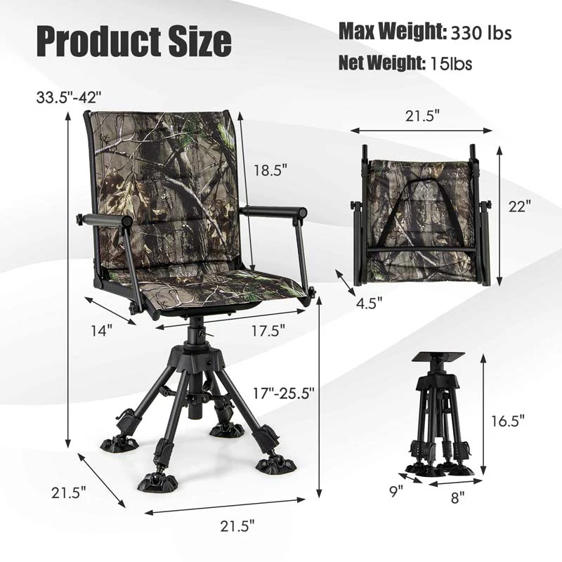 360�� Swivel Silent Folding Hunting Blind Chair for Shooting Fishing, Portable Sniper Seat with 4 Adjustable Legs, All-Terrain Foot Pads