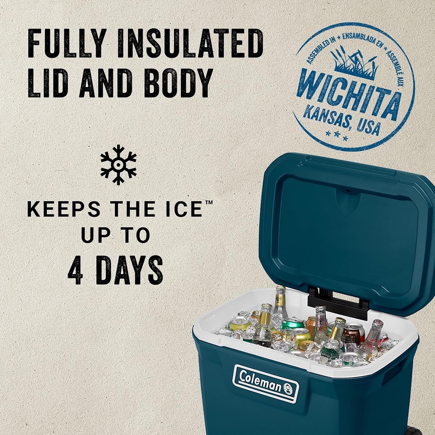 Coleman Classic Series Insulated Portable Wheeled Cooler, Leak-Resistant Outdoor Hard Cooler Keeps Ice up to 5 Days, 100-Quart