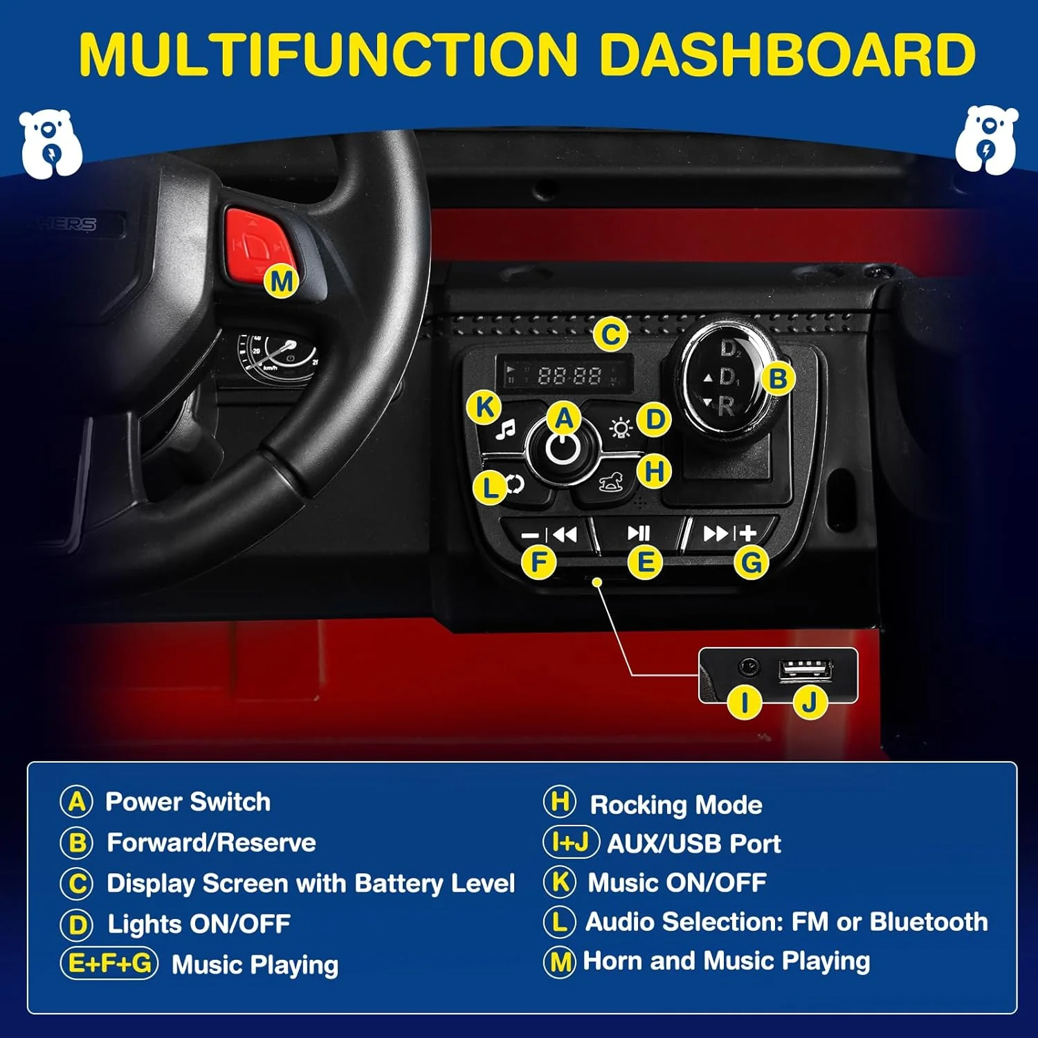 L8 Ride On Car, 2 Seater, 12V Kids Electric Car w/Remote Control, 4-Wheel Suspension, Bluetooth Speaker, Multi Music Modes, 3 Speeds, LED Lights, Xmas & Birthday Gift Ideas for Kids Ages 3+