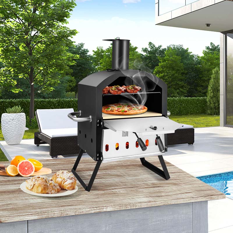 2-Layer Outdoor Pizza Oven Wood Fired for Camping BBQ, Stainless Steel Portable Grill Pizza Maker with Folding Legs