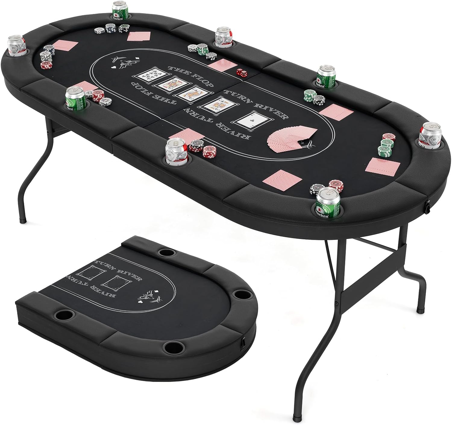 72�� Poker Table Foldable, 8 Players Card Board Game Table w/Deep Metal Cup Holders