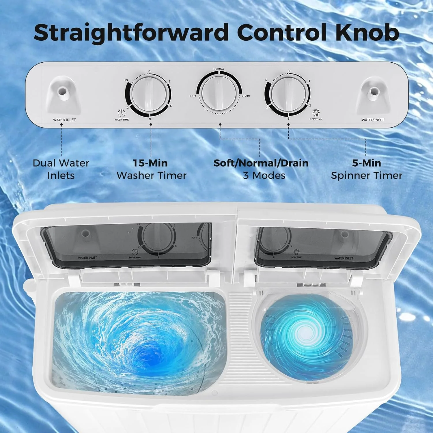 Portable Washing Machine, Twin Tub 20 Lbs Capacity, Washer(12 Lbs) and Spinner(8 Lbs), Durable Design, Timer Control, Compact Laundry Washer for RV, Apartments and Dorms, Grey+White