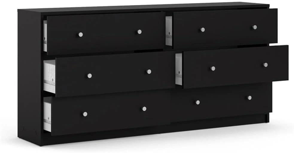 3-Pc Scandinavian Design Engineered Wood Bedroom Furniture Set with 3-Drawer Chest & 6-Drawer Double Dresser & 1-Drawer Nightstand, Pewter Plastic Handles, Smooth Plastic Glides, in Black